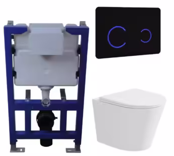 Matt White Wall Hung Rimless Toilet with Soft Close Seat Black Glass Sensor Pneumatic Flush Plate 820mm Frame & Cistern – Verona
