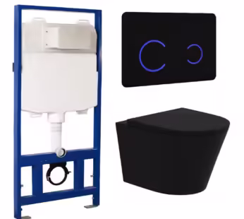 Matt Black Wall Hung Rimless Toilet with Soft Close Seat Black Glass Sensor Pneumatic Flush Plate 1170mm Frame & Cistern – Verona