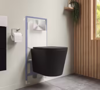 Matt Black Wall Hung Rimless Toilet with Soft Close Seat Cistern Frame and Chrome Flush – Verona