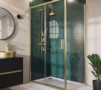Brushed Brass 8mm Glass Rectangular Sliding Shower Enclosure 1200x800mm – Pavo