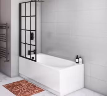 Single Ended Shower Bath with Front Panel & Left Hand Black Grid Bath Screen 1800 x 700mm – Alton