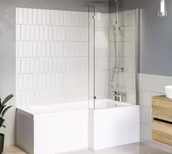 Lomax 1500 x 850 L Shaped Shower Bath Right Hand with Front Panel and Chrome Bath Screen