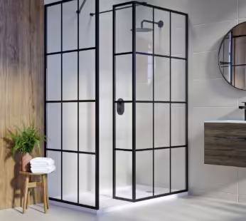 1400x800mm Black Grid Framework Walk In Shower Enclosure with 300mm Fixed Panel and Shower Tray with Drying Area – Nova