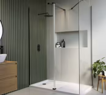 1600x800mm Black Frameless Walk In Shower Enclosure with 300mm Hinged Flipper Panel and Shower Tray – Corvus