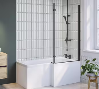 Lomax 1500 x 850 L Shaped Shower Bath Right Hand with Front Panel and Black Bath Screen