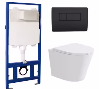 Matt White Wall Hung Rimless Toilet with Soft Close Seat Black Pneumatic Flush Plate 1170mm Frame & Cistern – Verona