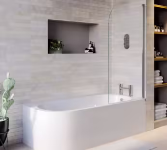 Jersey J Shaped Right Hand Bath 1700mm x 750mm with Front Panel and 1450mm Chrome Bath Screen