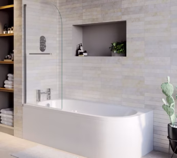 J Shape Shower Bath Left Hand with Front Panel & Chrome Bath Screen with Towel Rail 1700 x 750mm – Jersey