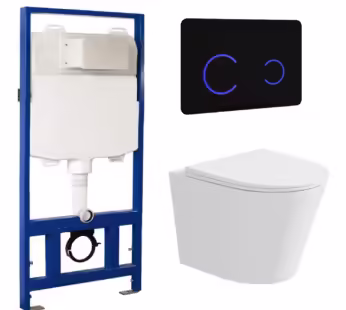 Matt White Wall Hung Rimless Toilet with Soft Close Seat Black Glass Sensor Pneumatic Flush Plate 1170mm Frame & Cistern – Verona