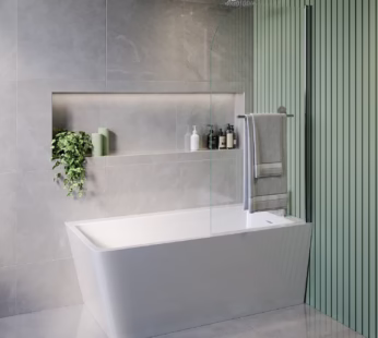 Freestanding Single Ended Right Hand Corner Shower Bath with Chrome Bath Screen with Towel Rail 1500 x 740mm – Kona