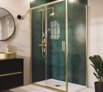 Brushed Brass 8mm Glass Rectangular Sliding Shower Enclosure with Low Profile Shower Tray 1200x900mm – Pavo