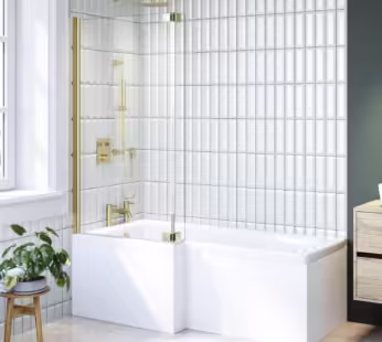 L Shape Shower Bath Left Hand with Front Panel & Brushed Brass Screen 1500 x 850mm – Lomax
