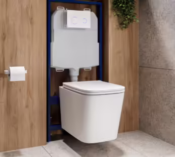 Albi Wall Hung Toilet 1160mm Pneumatic Frame & Cistern & White Glass Flush Plate