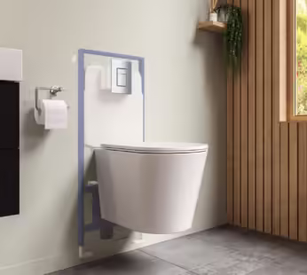 Matt White Wall Hung Rimless Toilet with Soft Close Seat Grohe Cistern Frame and Chrome Flush – Verona