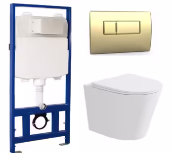 Matt White Wall Hung Rimless Toilet with Soft Close Seat Brass Pneumatic Flush Plate 1170mm Frame & Cistern – Verona