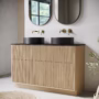 1250mm Wooden Fluted Freestanding Double Countertop Vanity Unit with Black Worktop and Black Round Basin- Matira