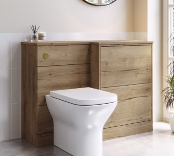 1100mm Wood Effect Toilet and Sink Unit Right Hand with Square Toilet and Brushed Brass Push Button – Palma