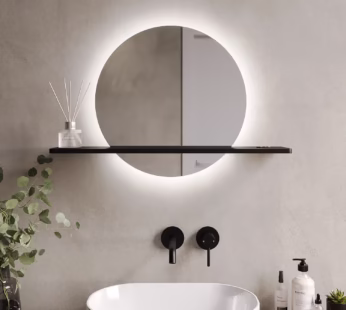 Round Backlit Heated Bathroom Mirror with Lights & Black Shelf 500mm – Ersa