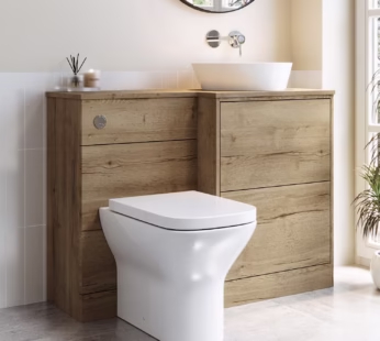 1100mm Wood Effect Right Hand Toilet and Sink Unit with Triangular Basin and Chrome Push Button – Palma