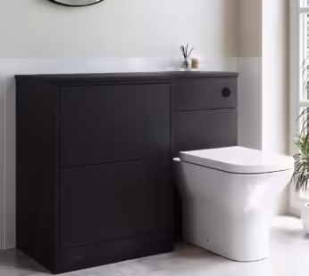 1100mm Black Left Hand Toilet and Sink Unit with Square Toilet and Matt Black Push Button – Palma