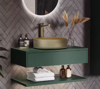 800mm Green Wall Hung Countertop Vanity Unit with Brass Basin and Shelves – Lugo