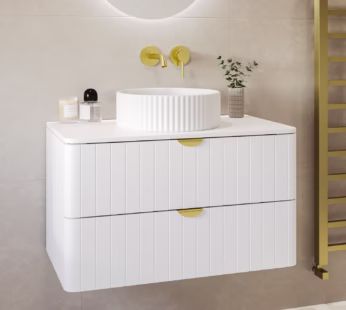 800mm White Wall Hung Countertop Vanity Unit with Basin and Brass Handles – Empire