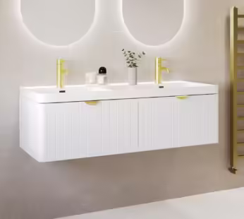 1200mm White Wall Hung Double Vanity Unit with Basins and Brass Handles – Empire