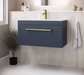 800mm Blue Wall Hung Vanity Unit with Basin and Brass Handle – Ashford