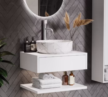600mm White Wall Hung Countertop Vanity Unit with White Marble Effect Basin and Shelves – Lugo