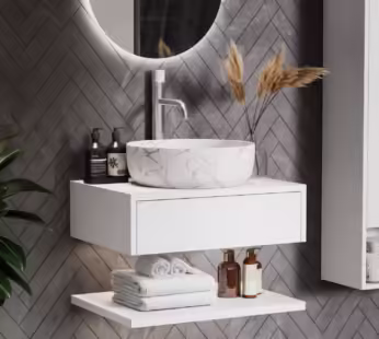 600mm White Wall Hung Countertop Vanity Unit with White Marble Effect Basin and Shelves – Lugo