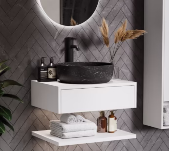 600mm White Wall Hung Countertop Vanity Unit with Black Marble Effect Basin and Shelves – Lugo