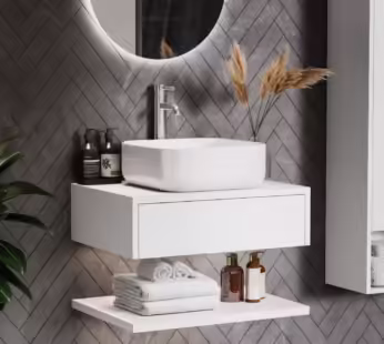 600mm White Wall Hung Countertop Vanity Unit with White Square Basin and Shelves – Lugo