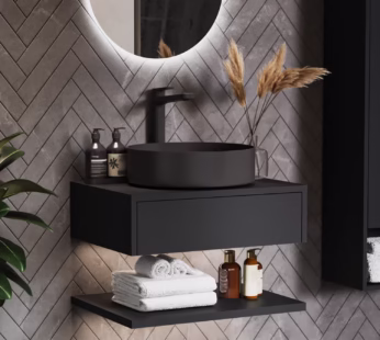 600mm Black Wall Hung Countertop Vanity Unit with Black Basin and Shelf – Lugo