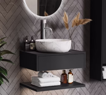 600mm Black Wall Hung Countertop Vanity Unit with White Marble Effect Basin and Shelves – Lugo