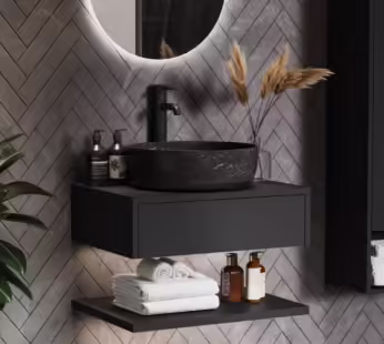 600mm Black Wall Hung Countertop Vanity Unit with Black Marble Effect Basin and Shelves – Lugo