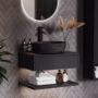 600mm Black Wall Hung Countertop Vanity Unit with Black Marble Effect Basin and Shelves - Lugo