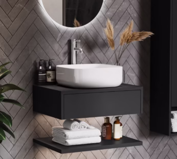 600mm Black Wall Hung Countertop Vanity Unit with Square Basin and Shelves – Lugo
