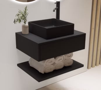 600mm Black Wall Hung Countertop Vanity Unit with Black Square Basin and Shelves – Lugo