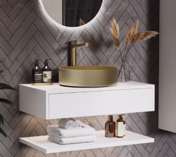 800mm White Wall Hung Countertop Vanity Unit with Brass Basin and Shelves – Lugo