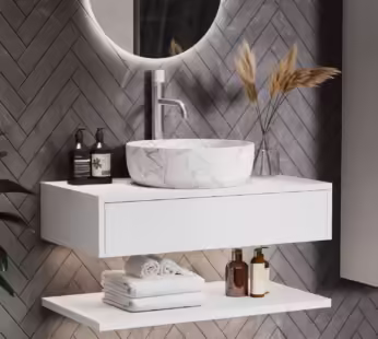 800mm White Wall Hung Countertop Vanity Unit with White Marble Effect Basin and Shelves – Lugo