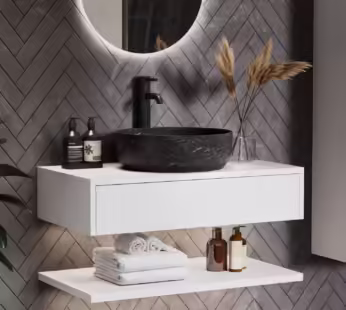 800mm White Wall Hung Countertop Vanity Unit with Black Marble Effect Basin and Shelves – Lugo