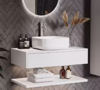 800mm White Wall Hung Countertop Vanity Unit with Square Basin and Shelves – Lugo
