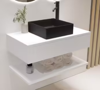 800mm White Wall Hung Countertop Vanity Unit with Black Square Basin and Shelf – Lugo