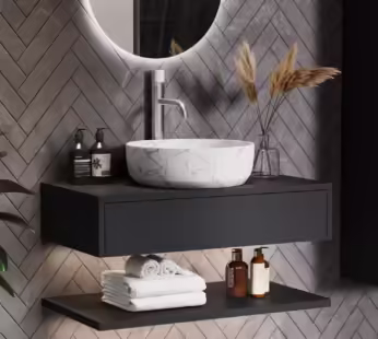 800mm Black Wall Hung Countertop Vanity Unit with White Marble Effect Basin and Shelves – Lugo