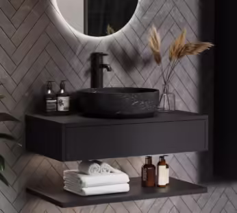 800mm Black Wall Hung Countertop Vanity Unit with Black Marble Effect Basin and Shelves – Lugo
