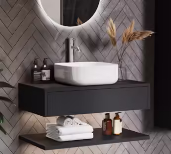 800mm Black Wall Hung Countertop Vanity Unit with Square Basin and Shelves – Lugo