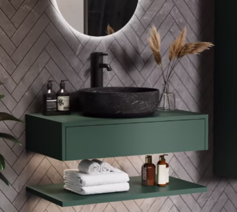 800mm Green Wall Hung Countertop Vanity Unit with Black Marble Effect Basin and Shelves – Lugo