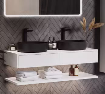 1200mm White Wall Hung Double Countertop Vanity Unit with Black Basins and Shelf – Lugo
