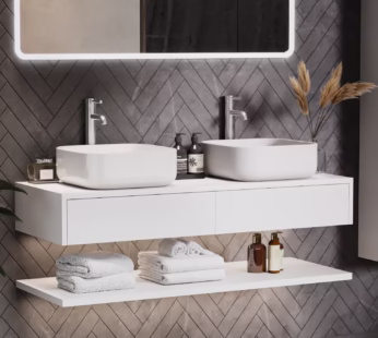 1200mm White Wall Hung Double Countertop Vanity Unit with Square Basins and Shelves – Lugo
