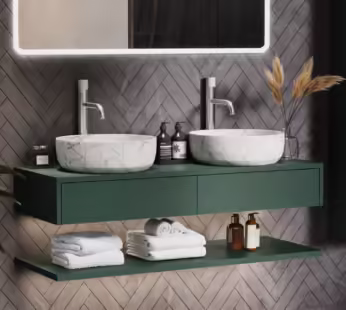 1200mm Green Wall Hung Double Countertop Vanity Unit with White Marble Effect Basins and Shelves – Lugo